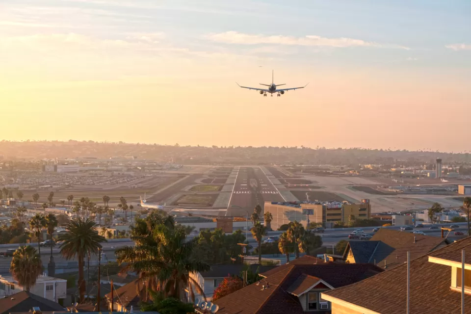 Airplane landing at San Diego International Airport